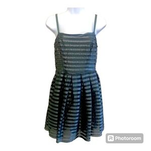 H&M Olive Striped Mesh Spaghettini Straps Fit & Flare Mini Dress Size S